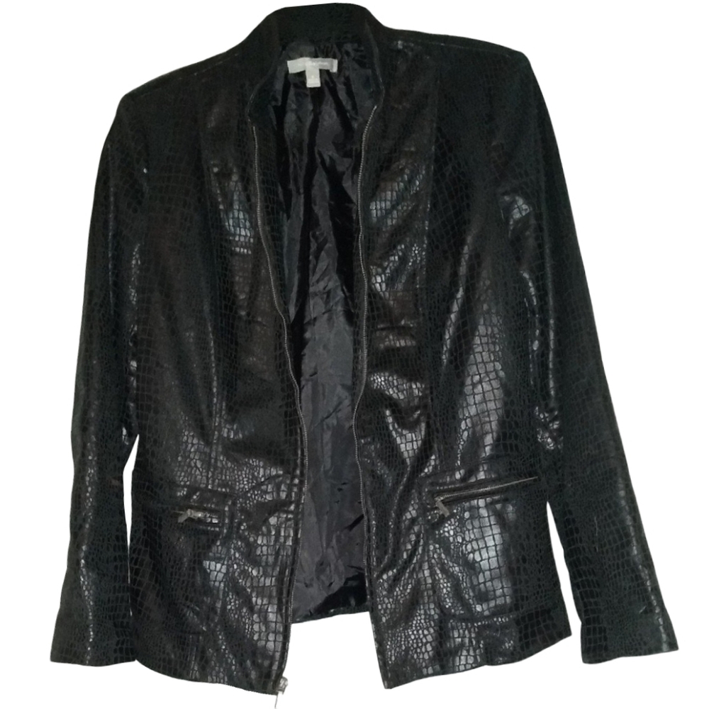 Black Faux Reptile Textured Leather Jacket Zip Zipper Lizard Animal Print Vegan